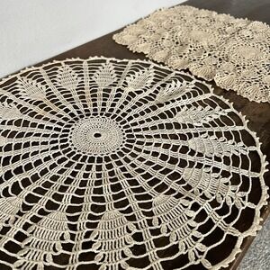 Set of 2 Mixed Crochet Cotton Placemats Doilies Cream Beige 13"X17" Handmade‎